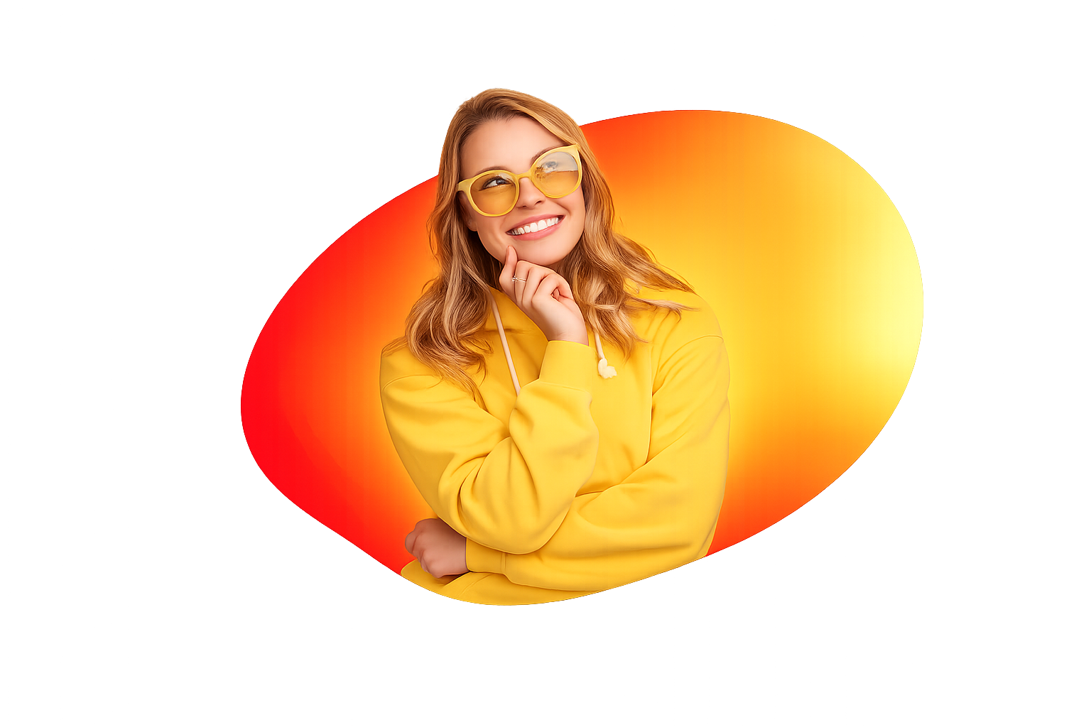 Vrouw met gele hoodie die aan het denken is