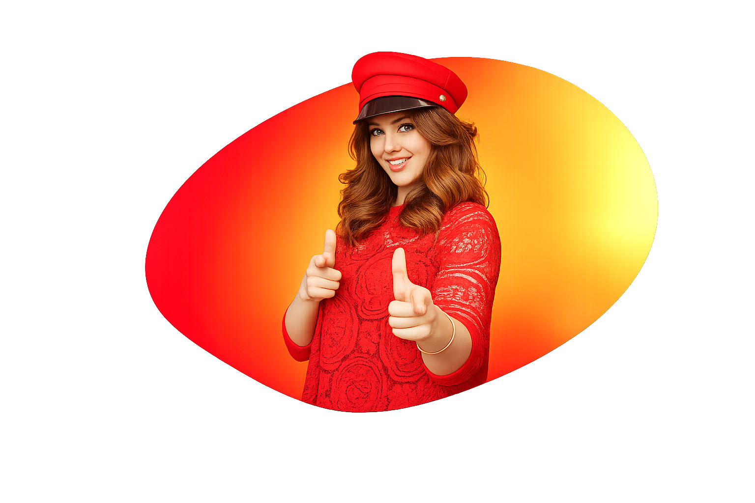 Gemotiveerde jonge dame die met 2 handen wijst