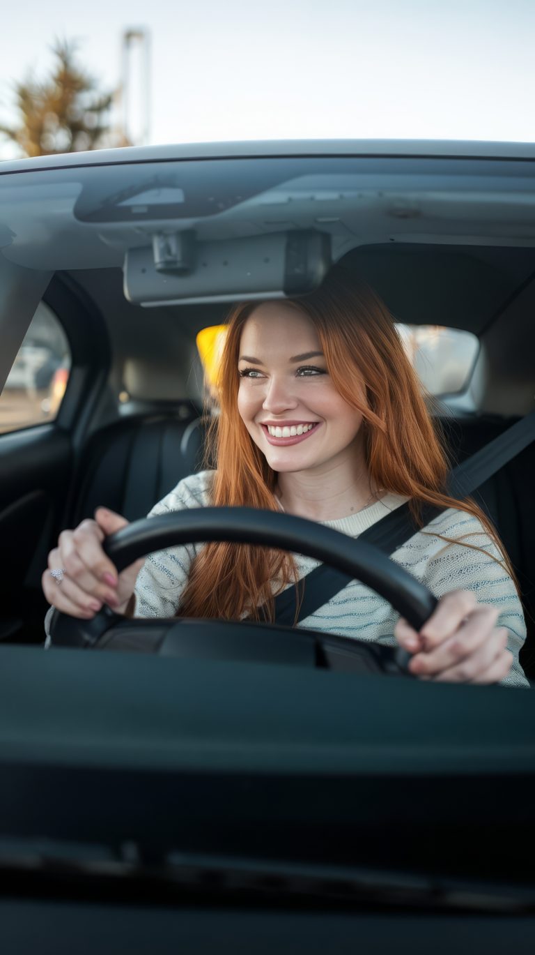 Mooie, glimlachende jonge roodharige vrouw die achter het stuur zit en auto rijdt.