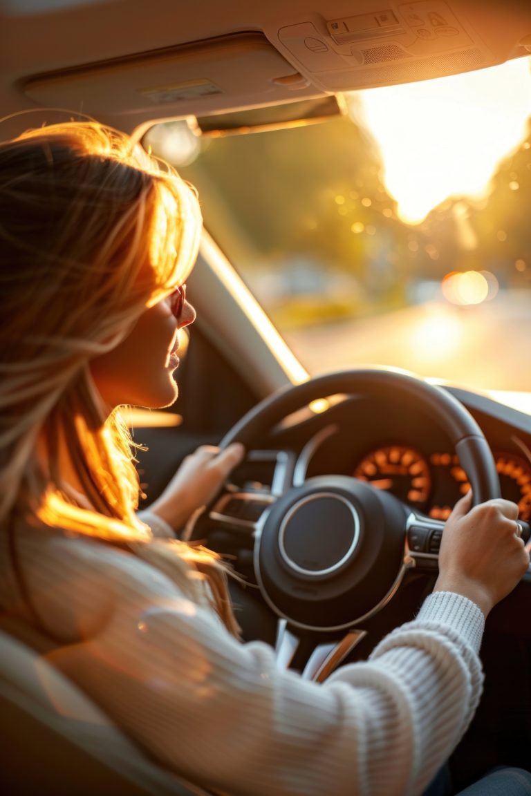 Een vrouw rijdt auto tijdens zonsondergang met autoverlichting aan.