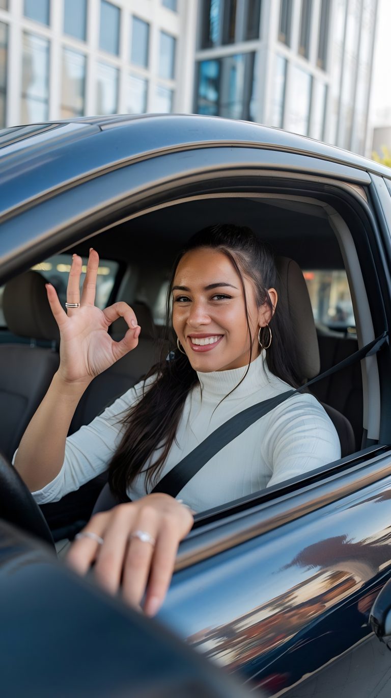 Jonge vrouw die tijdens het autorijden op straat een oké-gebaar maakt.